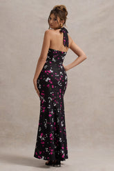 Black Ditsy Floral Print Satin Halter-Neck Ruffled Maxi Dress